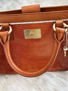 Brahmin Cognac Embossed Lizard-Textured Satchel